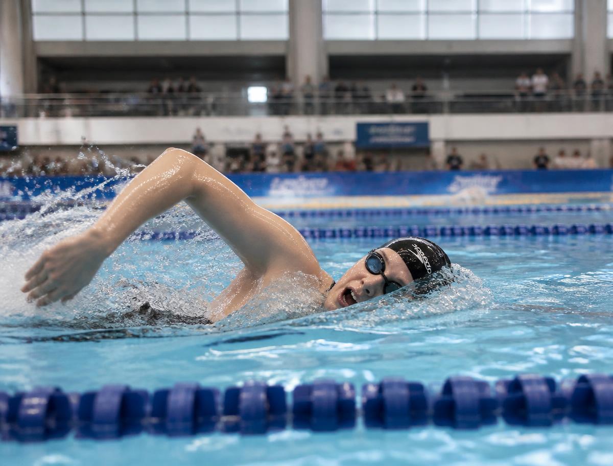 Swimmer surfacing mid-stroke during an evening practice